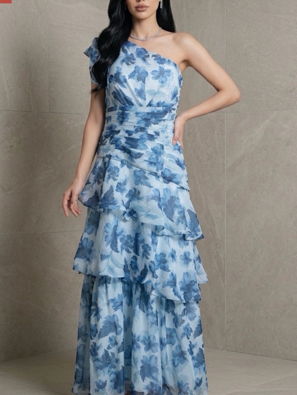 One-Shoulder Blue Floral Tiered Evening Gown